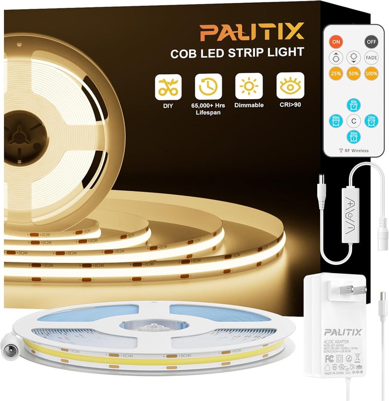 PAUTIX أضواء شريط LED COB مع جهاز تحكم عن بعد RF، أضواء LED بدون نقاط مدرجة UL، ديمبل 3000K أبيض دافئ، ساطع للغاية 16.4 قدم شريط LED مرن 24V، لمطابخ، أسرّة، مكاتب، إضاءة داخلية للسلالم - Image 1
